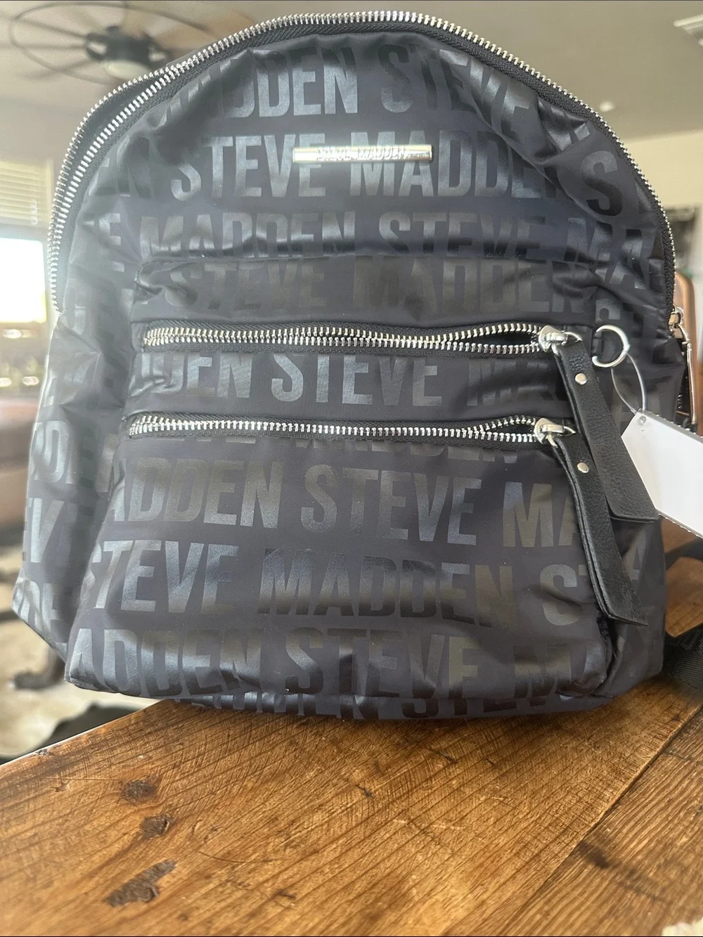 Steve Madden Black Logo Print Backpack with Silver Hardware